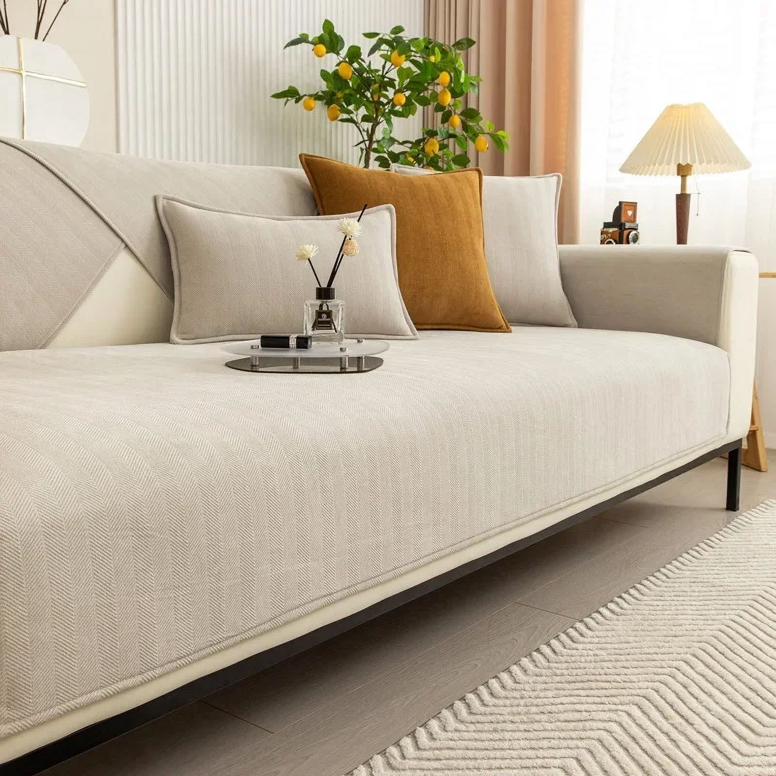 Four Seasons Universal Chenille Sofa Cover Sofa Pad Solid Color Striped Sofa Mat for Living Room Non-Slip L Shaped Couch Cushion (A2 Beige,70x70cm 1pc)