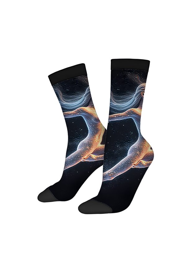 Four Seasons Universal Cosmic Socks (2 Pairs) - Unisex Trendy Mixed Color Design with Galaxy Patterns in Blue Orange & White on Black Background