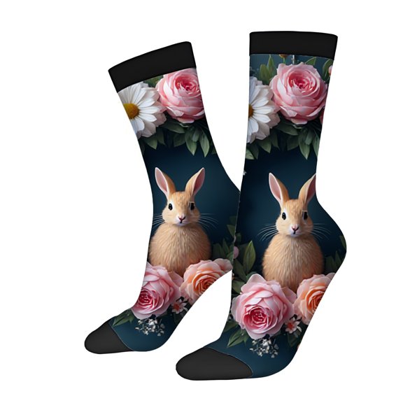 Four Seasons Universal Floral Socks (2 Pairs) - Unisex Trendy Design with Pink Roses White Daisies & Dark Blue Background - Mixed Color Comfort Socks