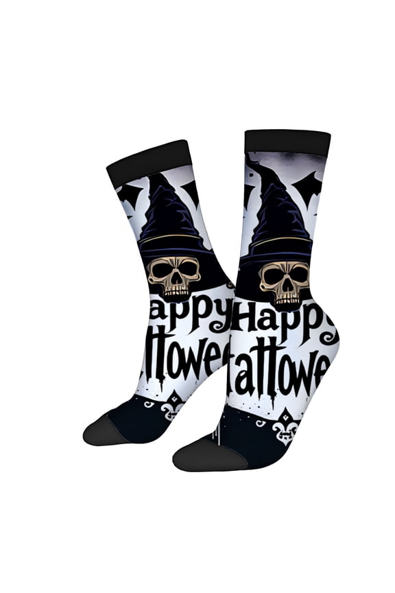 Four Seasons Universal Halloween Socks (2 Pairs) - Unisex Trendy Mixed Color Design with Witch ' s Hat Bats & ' Happy Halloween ' Text - Spooky Black White & Gray Pattern