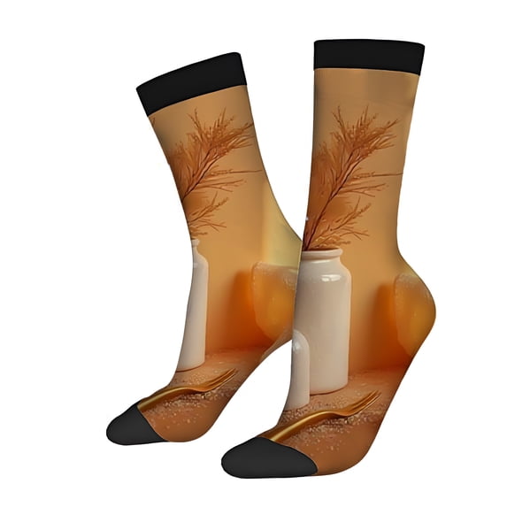 Four Seasons Universal Socks (2 Pairs) - Artistic Beige Pot & Golden Lid Design Unisex Trendy Mixed Color Socks with Leaf Patterns Stylish Black Toe Cuffs