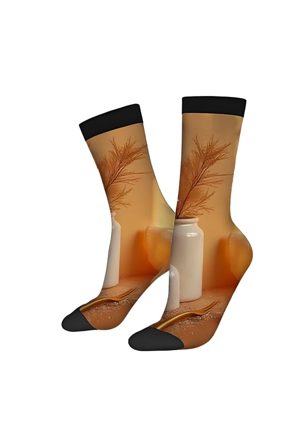 Four Seasons Universal Socks (2 Pairs) - Artistic Beige Pot & Golden Lid Design Unisex Trendy Mixed Color Socks with Leaf Patterns Stylish Black Toe Cuffs