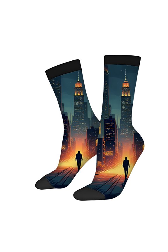 Four Seasons Universal Socks (2 Pairs) - Artistic Cityscape Night Design Mixed Color Unisex Trendy Socks with Illuminated Windows and Vibrant Glow