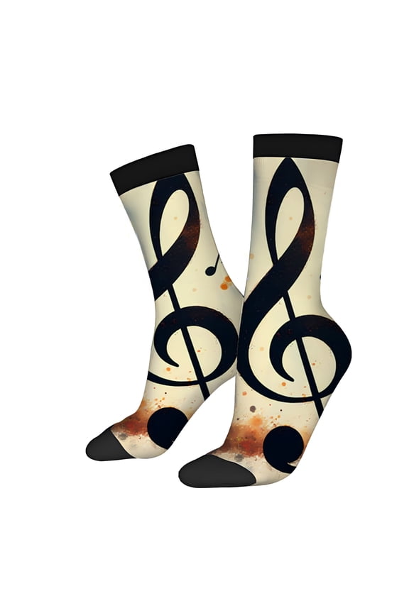 Four Seasons Universal Socks (2 Pairs) - Artistic Musical Theme Cream Background with Black & Orange Patterns Unisex Trendy Socks with Musical Notes Perfect for Music Lovers