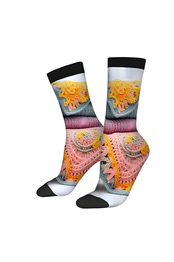 Four Seasons Universal Socks (2 Pairs) - Colorful Blanket Design Unisex Trendy Mixed Color Socks with Black Toe White Tops