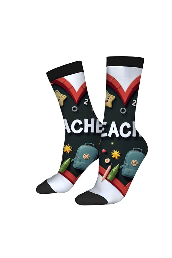 Four Seasons Universal Socks (2 Pairs) - Colorful Cartoon School Design with Stars Backpack and ' ACHIEVE ' Text - Unisex Trendy Socks