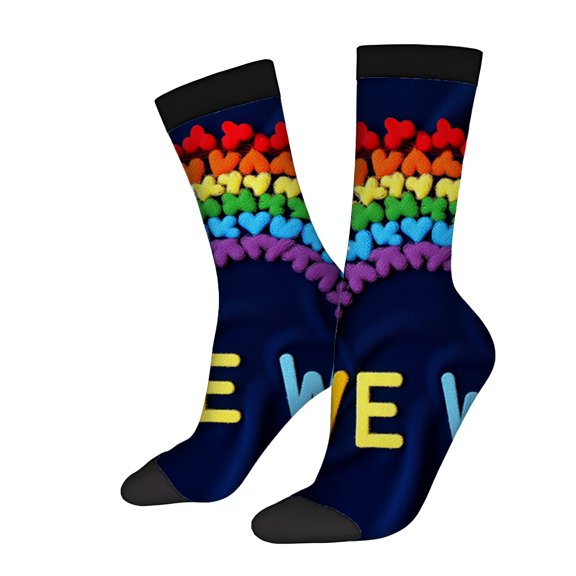 Four Seasons Universal Socks (2 Pairs) - Colorful Heart Pattern on Dark Blue Unisex Trendy Socks with Yellow ' WE ' Print