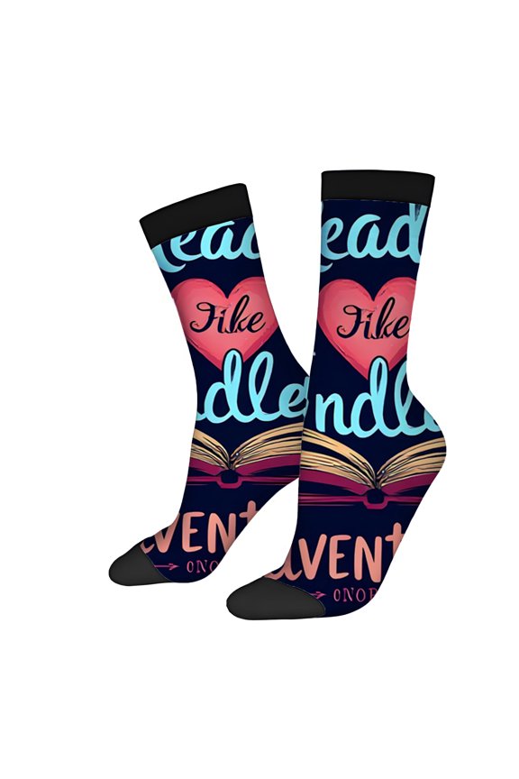 Four Seasons Universal Socks (2 Pairs) - Colorful Mixed Design with ' Is Is Adventure ' Phrase Unisex Trendy Socks with Playful Elements Perfect for All Seasons