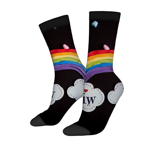 Four Seasons Universal Socks (2 Pairs) - Colorful Rainbow Design on Black Background Unisex Trendy Mixed Color Socks with Heart and Cloud Detail