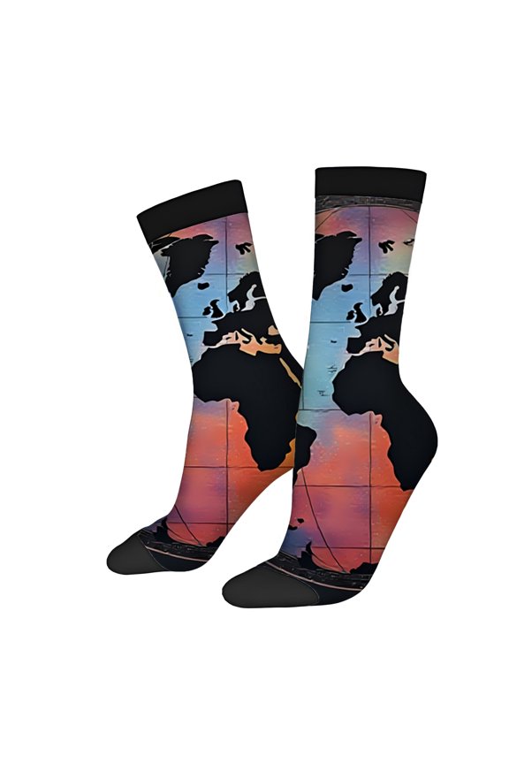 Four Seasons Universal Socks (2 Pairs) - Colorful World Map Design Unisex Trendy Mixed Color Socks with Gradient Blues Pinks & Purples Black Toe & Heel