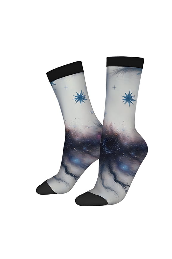 Four Seasons Universal Socks (2 Pairs) - Cosmic Galaxy Design Unisex Trendy Mixed Color Socks with Ethereal Blue Star Pattern