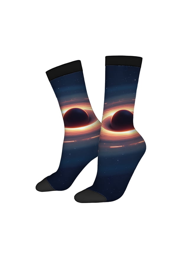 Four Seasons Universal Socks (2 Pairs) - Cosmic Spiral Galaxy Design Unisex Trendy Mixed Color Socks with Orange Red and Yellow Swirls on Dark Blue Background