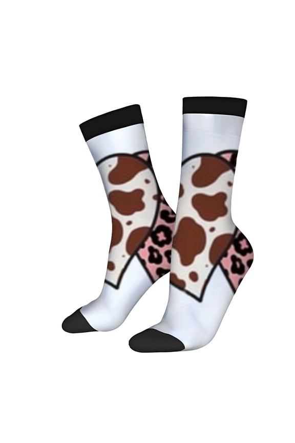 Four Seasons Universal Socks - 2 Pairs Cow Print & Pink Design Unisex Trendy Socks with Black Toe Caps & Cuffs