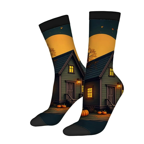 Four Seasons Universal Socks (2 Pairs) - Cozy Halloween Design with House Pumpkins & Moon - Unisex Trendy Mixed Color Socks