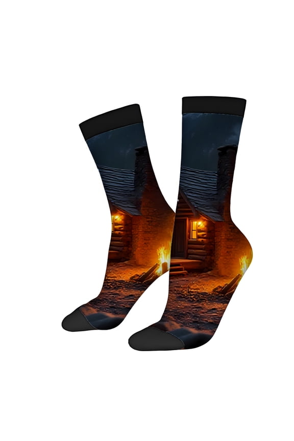 Four Seasons Universal Socks (2 Pairs) - Cozy Wooden Cabin Night Design Warm Glow Unisex Trendy Mixed Color Socks for All Seasons