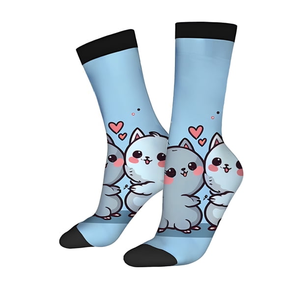 Four Seasons Universal Socks (2 Pairs) - Cute Cartoon Gray Cat with Hearts Light Blue & Black Unisex Trendy Mixed Color Design