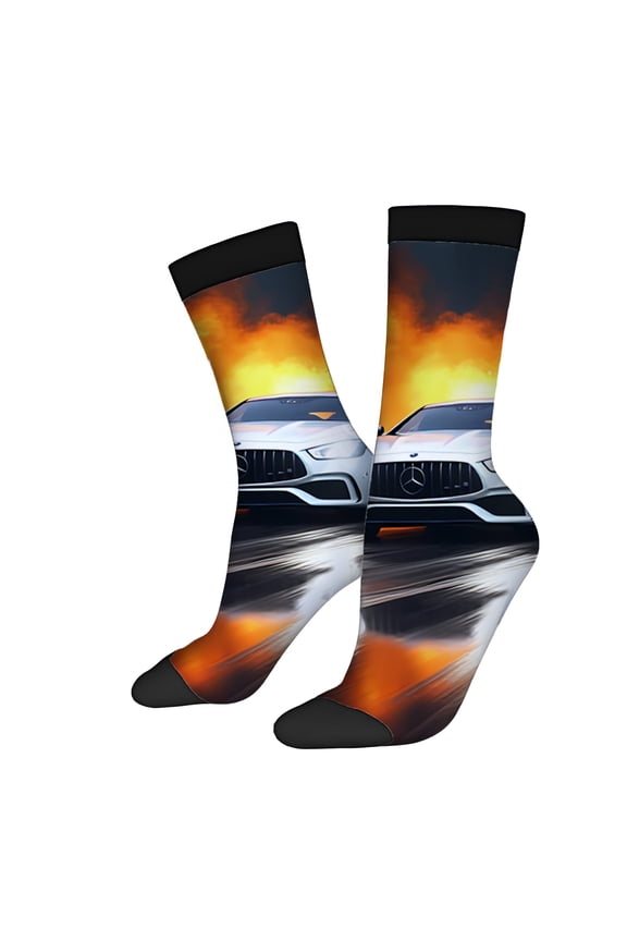 Four Seasons Universal Socks (2 Pairs) - Dynamic Racing Car Design on Wet Track Unisex Trendy Mixed Color Socks with Black Cuff