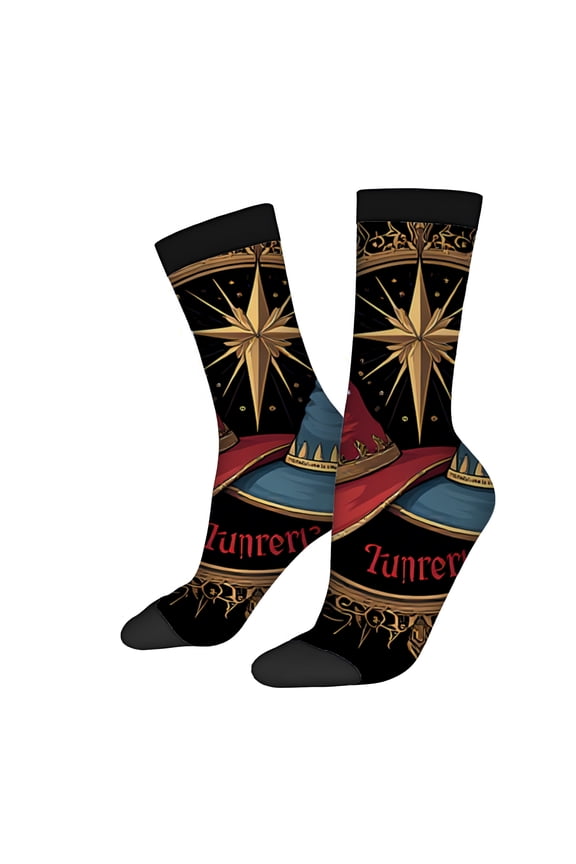 Four Seasons Universal Socks (2 Pairs) - Fantasy Themed Mixed Color Socks with Red Wizard Hat & Gold Accents Unisex Trendy Design Perfect for All Occasions