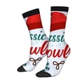 thumbnail image 1 of Four Seasons Universal Socks (2 Pairs) - Festive " Feliz " Design with Santa Hat Snowflakes & Snowman - Unisex Trendy Mixed Color Socks with Black Toe Cuffs, 1 of 5