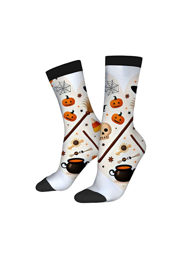 Four Seasons Universal Socks (2 Pairs) - Festive Halloween Design with Pumpkins Skulls & Candy Corn - Unisex Trendy Colors