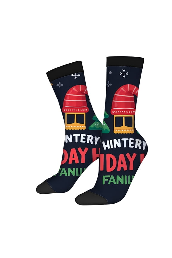 Four Seasons Universal Socks (2 Pairs) - Festive Holiday Design with Christmas Trees Stars & ' HOLIDAYS ' Text - Unisex Trendy Mixed Color Socks for Family Celebrations