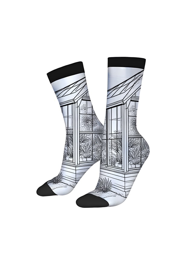 Four Seasons Universal Socks (2 Pairs) - Intricate Black & White Garden Scene Design Unisex Trendy Mixed Color Socks with Detailed House & Plant Patterns
