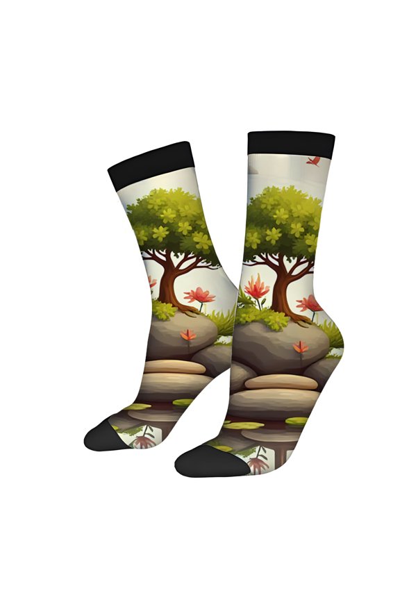 Four Seasons Universal Socks (2 Pairs) - Nature-Inspired Design with Rocks Green Plants & Red Flower - Unisex Trendy Mixed Color Socks for All Seasons