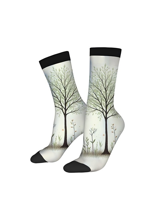 Four Seasons Universal Socks (2 Pairs) - Nature-Themed Design with Trees Plants & Birds Unisex Trendy Mixed Color Socks for All Seasons