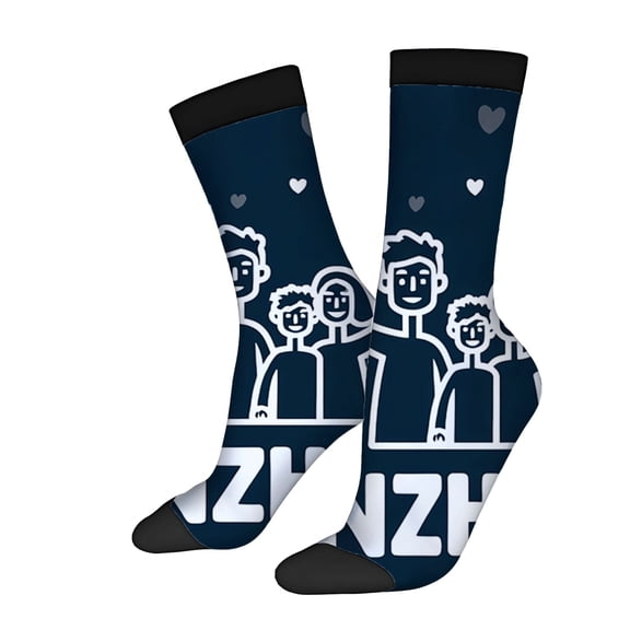 Four Seasons Universal Socks - 2 Pairs Navy Blue with Family Illustration & Hearts Unisex Trendy Mixed Color Design