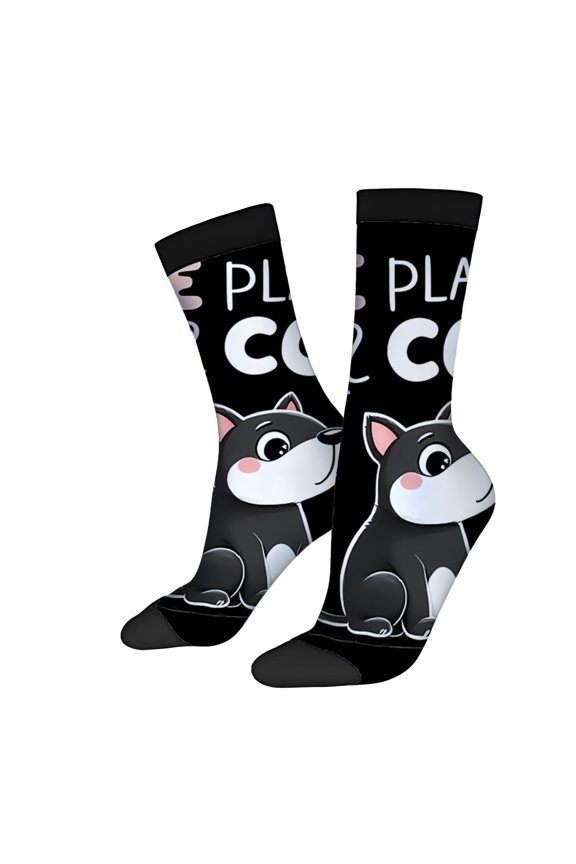 Four Seasons Universal Socks (2 Pairs) - Playful Cartoon Cat Design Mixed Color Unisex Trendy Socks with Fun Text " HE " & " T - 12 " - Perfect for All Seasons