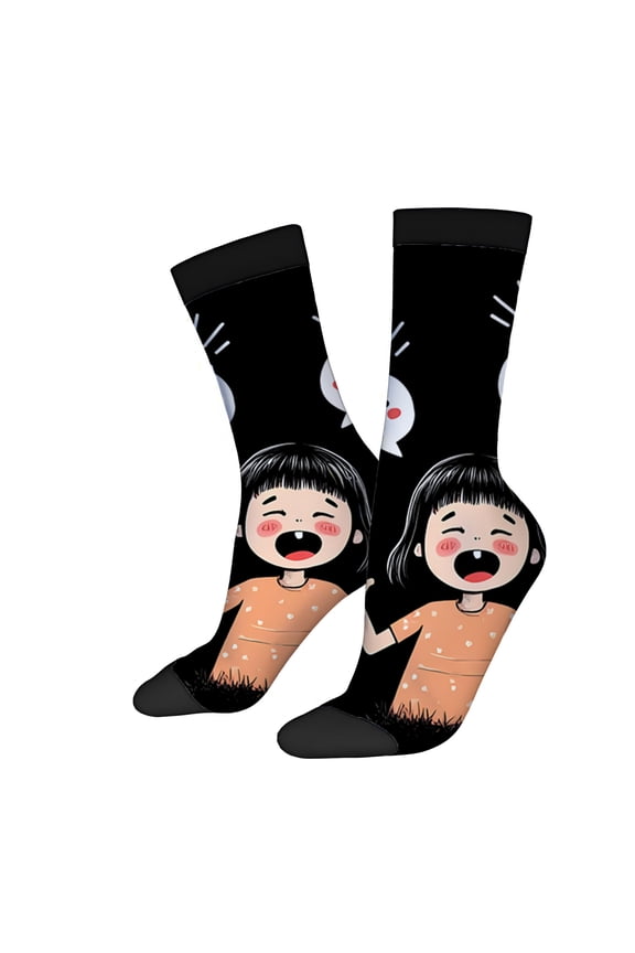 Four Seasons Universal Socks (2 Pairs) - Playful Cartoon Character Design Mixed Color Unisex Trendy Socks with Smiling Face and Heart Perfect for All Seasons