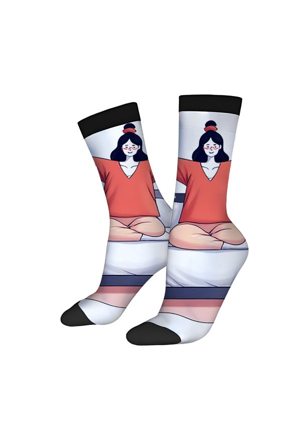 Four Seasons Universal Socks (2 Pairs) - Playful Cartoon Design with Bed Scene & Red Toy Unisex Trendy Mixed Color Socks Stylish Black Toe Cuffs