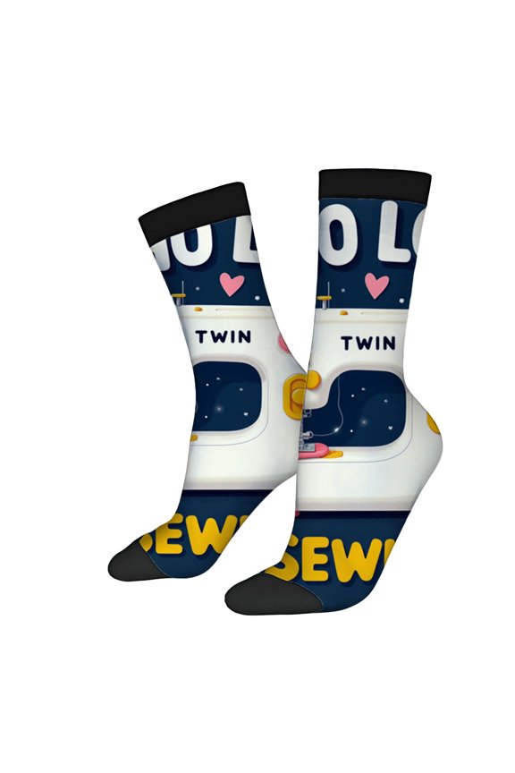 Four Seasons Universal Socks - 2 Pairs Playful Design with Hearts & Sewing Machine Unisex Trendy Mixed Color Socks