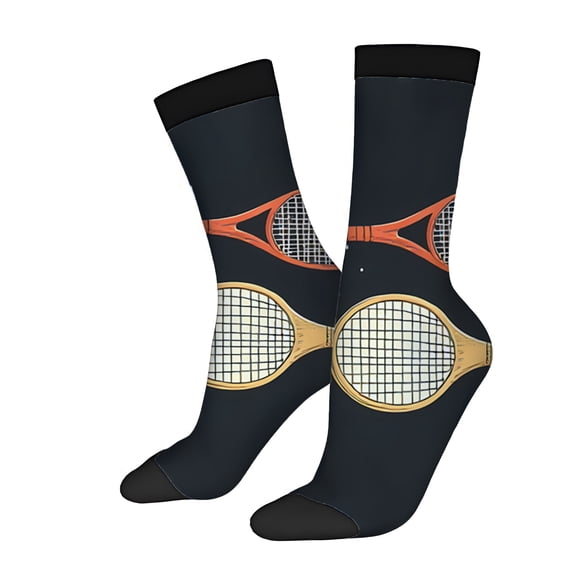 Four Seasons Universal Socks (2 Pairs) - Playful Mixed Color Design with Tennis Rackets & Yellow Balls Unisex Trendy Athletic Socks for Comfort & Style