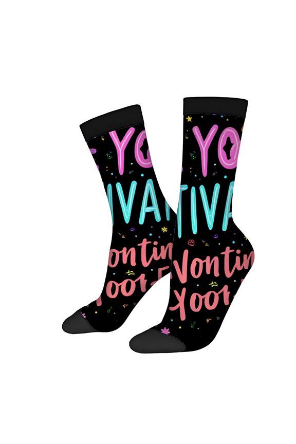 Four Seasons Universal Socks (2 Pairs) - Playful Mixed Color Design with ' BE NOT ' & ' AVOY AT XOOOT ' Text Unisex Trendy Socks with Colorful Shapes