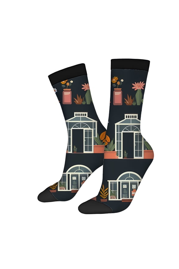 Four Seasons Universal Socks (2 Pairs) - Playful Mixed Color Design with Potted Plants Flowers & Greenhouse - Unisex Trendy Socks for All Seasons