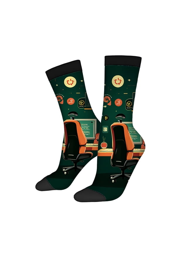 Four Seasons Universal Socks (2 Pairs) - Playful Office Design with Desk Computer & Chair - Unisex Trendy Mixed Color Socks in Vibrant Black & Orange Accents