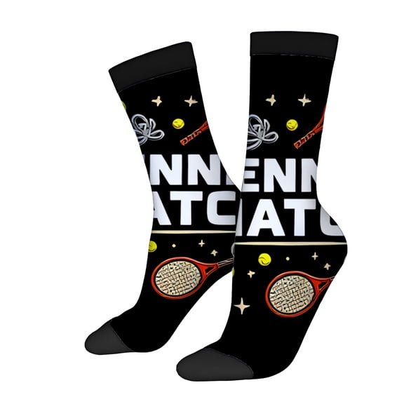 Four Seasons Universal Socks (2 Pairs) - Playful Tennis Theme with Yellow Balls Stars & Racket - Unisex Trendy Mixed Color Socks
