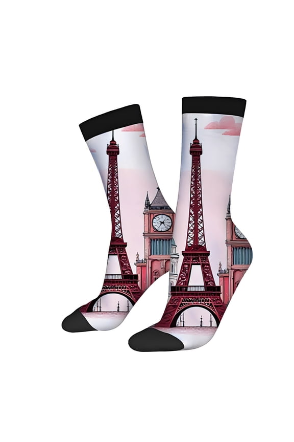 Four Seasons Universal Socks (2 Pairs) - Scenic Landmark Design Dame Pink & Blue Sky Unisex Trendy Mixed Color Socks