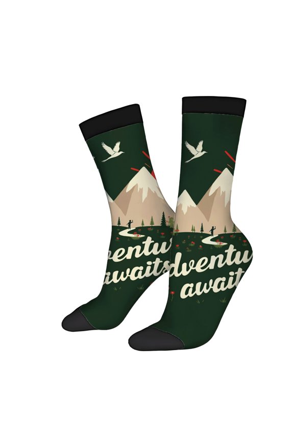 Four Seasons Universal Socks - 2 Pairs Scenic Mountain Design with Flying Bird & Frisbees Unisex Trendy Mixed Color Socks