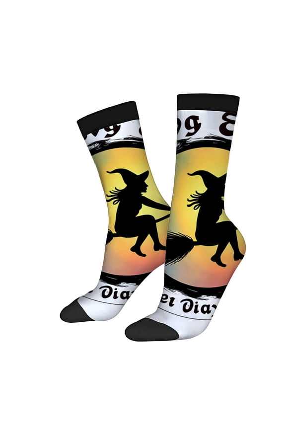 Four Seasons Universal Socks - 2 Pairs Trendy Mixed Color Socks with Witch Broomstick Design Unisex Stylish Gradient Background