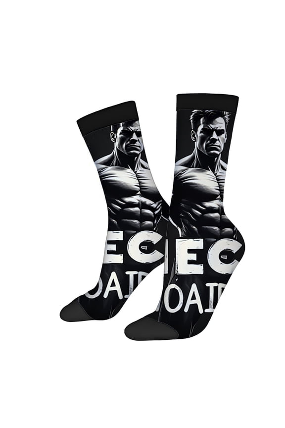 Four Seasons Universal Socks (2 Pairs) - Trendy Unisex Athletic Socks with Muscular Weightlifter Design in Grayscale and Bold ' WOAIT ' Text Mixed Colors Perfect for Sports and Casual Wear