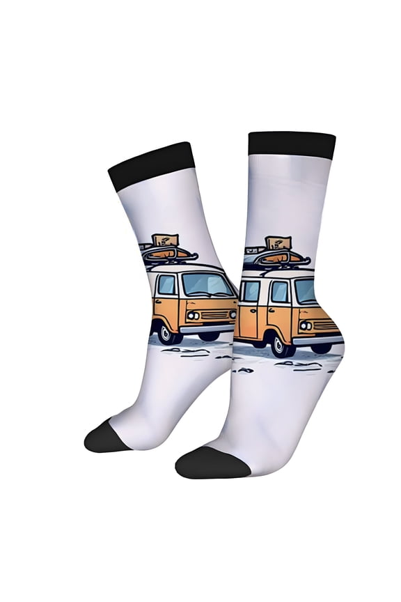 Four Seasons Universal Socks (2 Pairs) - Trendy Unisex Mixed Color Socks Featuring Vintage Orange and White Van Design with Luggage - Perfect for All Seasons