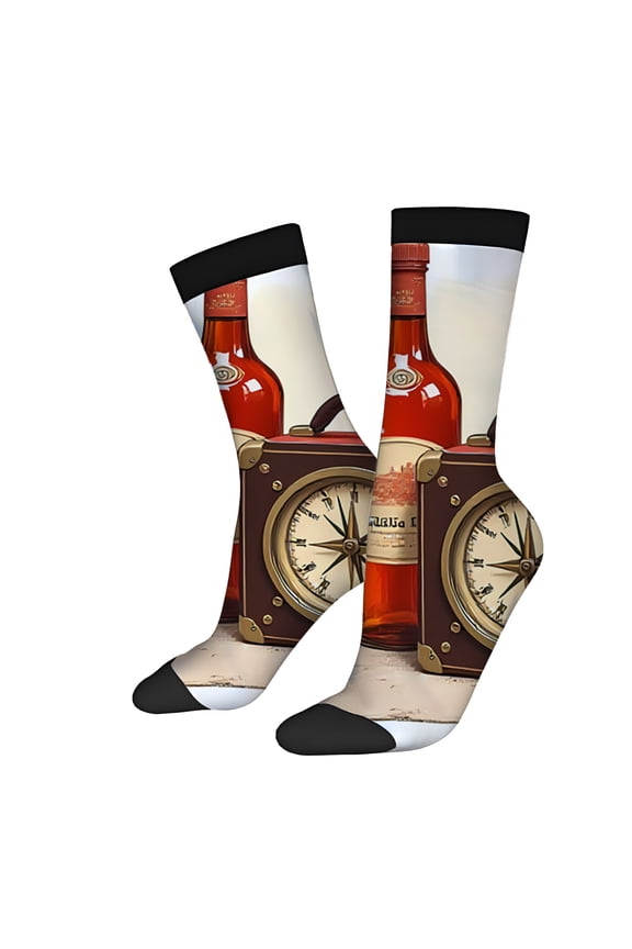 Four Seasons Universal Socks (2 Pairs) - Trendy Unisex Mixed Color Socks with Fun Liquor Bottle Design and Fish Labels - Stylish and Unique Pattern for Everyday Wear