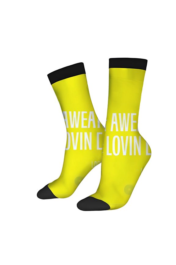 Four Seasons Universal Socks (2 Pairs) - Trendy Unisex Mixed Color Socks with Fun Text Design " WITH THE L " & " DO THE L " - Bright Yellow with Black Accents