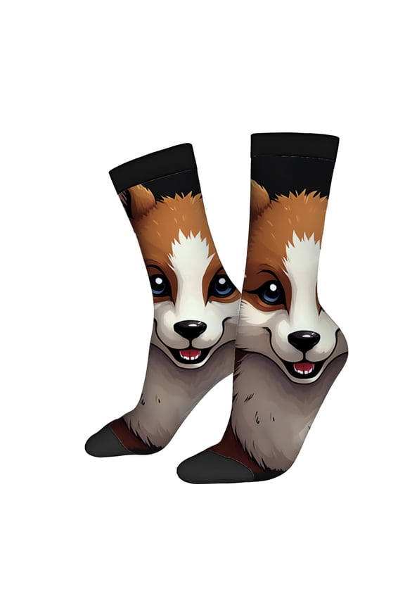 Four Seasons Universal Socks (2 Pairs) - Trendy Unisex Mixed Color Socks with Realistic Fox Design Black with Brown & White Accents Perfect for All Seasons