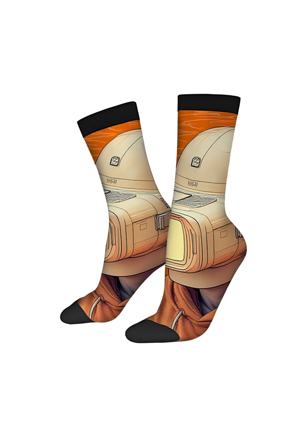 Four Seasons Universal Socks (2 Pairs) - Trendy Unisex Mixed Color Socks with Stylish Laptop & Hat Design on Orange Background Perfect for All Seasons