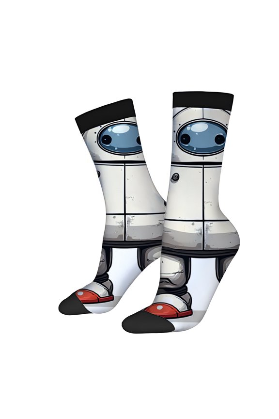 Four Seasons Universal Socks (2 Pairs) - Trendy Unisex Mixed Color Socks with Fun Robot Design Silver Body & Red Accents Perfect for All Seasons