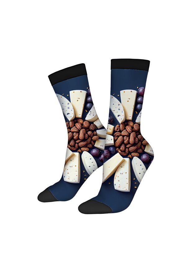 Four Seasons Universal Socks (2 Pairs) - Trendy Unisex Mixed Color Socks with Fun Sliced Cheese and Grapes Design on Dark Blue Background