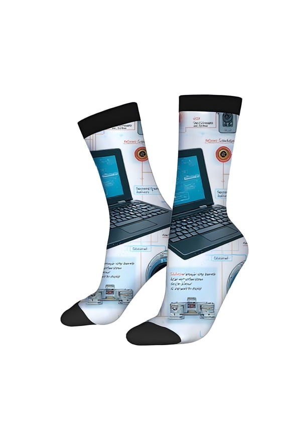 Four Seasons Universal Socks (2 Pairs) - Trendy Unisex Mixed Color Socks with Laptop UI Design Black Toe Perfect for Tech Lovers